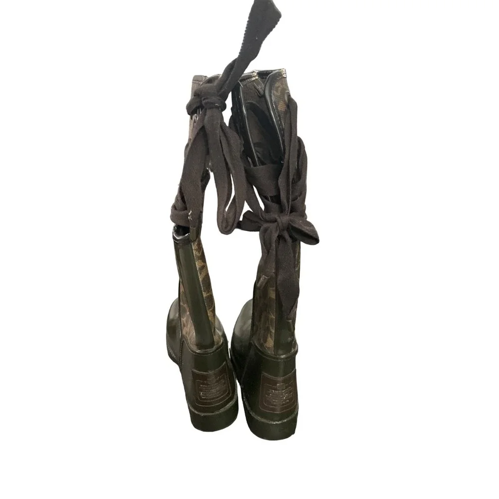 Coach Signature C Logo Rubber Rain Boots Olive Green Lace Up Side Women7